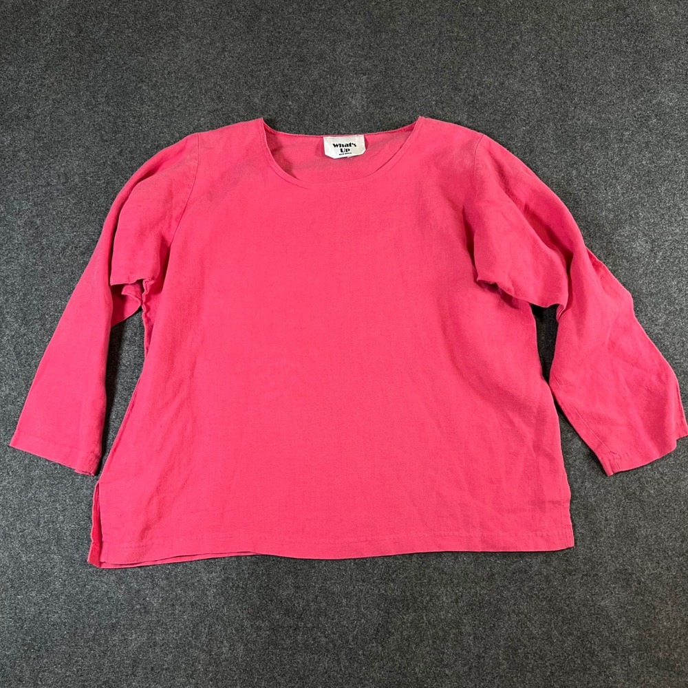What's Up Women Pink 100% Linen Long Sleeve Scoop Neck Top Medium Made in USA